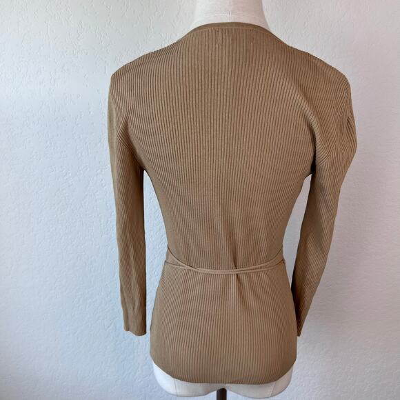 Vintage 90s Y2K Beige Wrap Top Size PS V Neck Ribbed 3/4 Sleeve - Picture 7 of 11